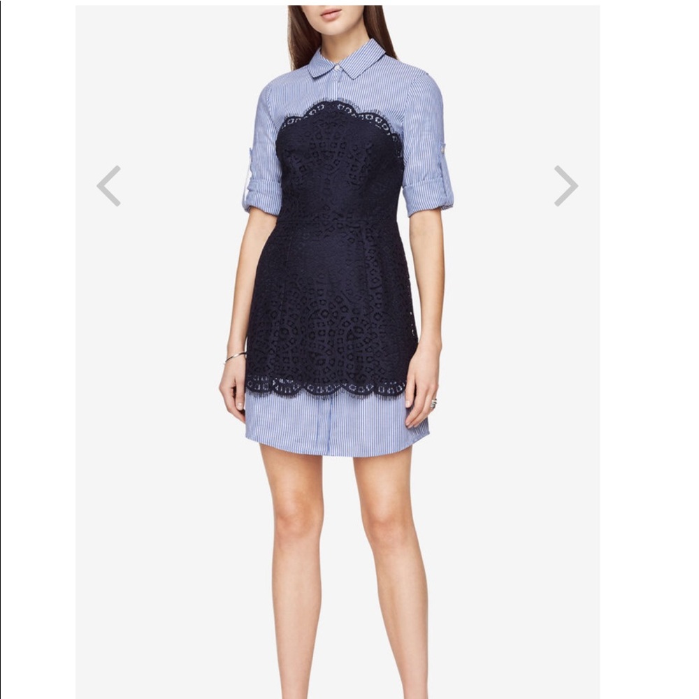 BCBG Pinstripe Dress with Navy Lace Overlay